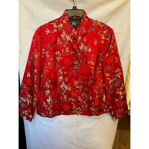 RK Evening Women's Red Silk Blend Kimono Jacket Mandarin Collar Floral Print 1X